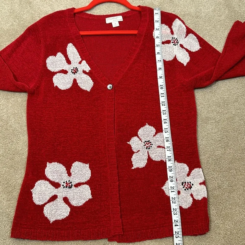 Portraits Northern Isles Red White Flower Knit Cardigan 3/4 Sleeve Women Medium